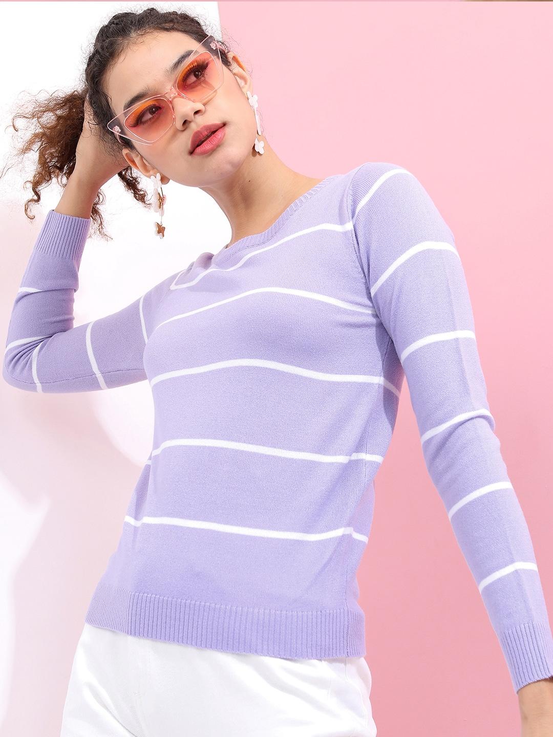 tokyo talkies women lavender & white striped pullover