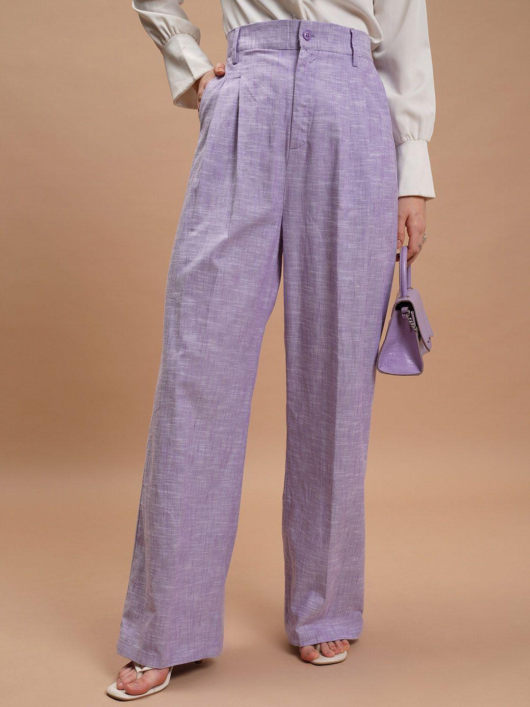 tokyo talkies women lavender checked flared trousers