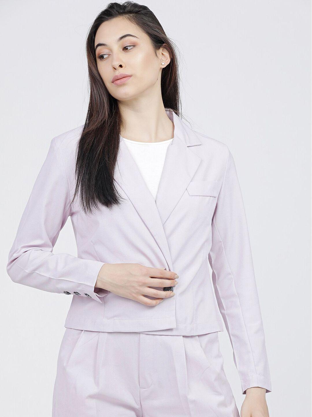 tokyo talkies women lavender solid double-breasted cropped casual blazer