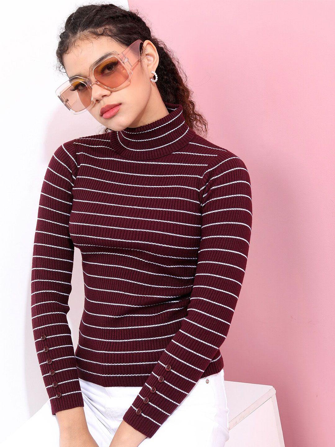 tokyo talkies women maroon & white striped acrylic pullover