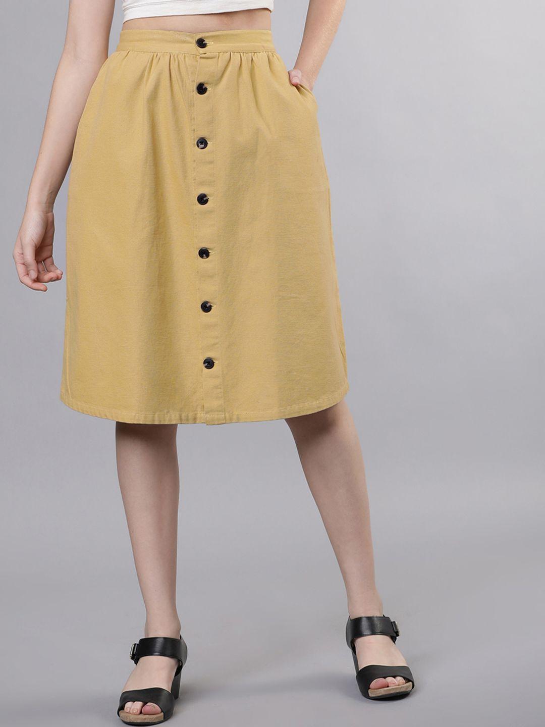 tokyo talkies women mustard yellow solid a-line knee-length skirt