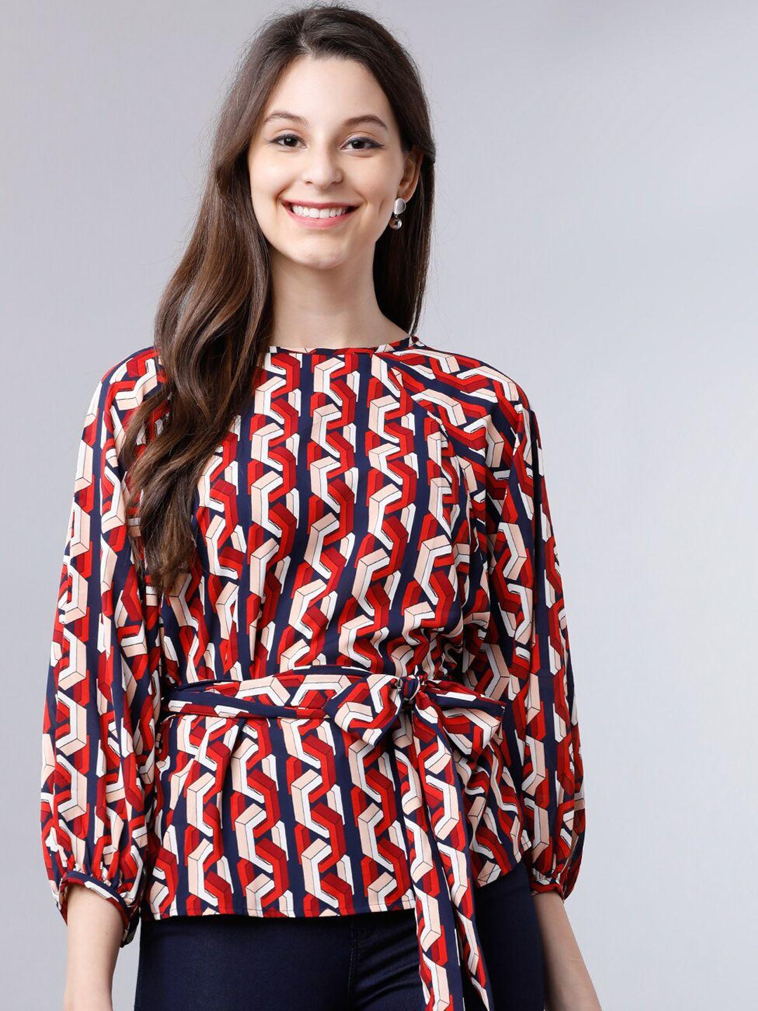 tokyo talkies women navy blue & red printed a-line top