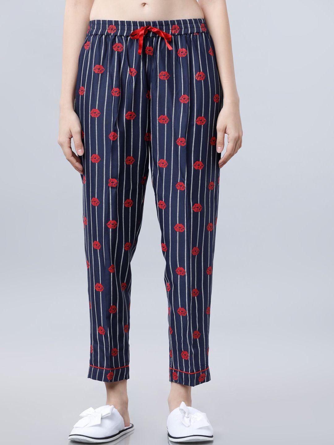 tokyo talkies women navy blue & red printed lounge pants