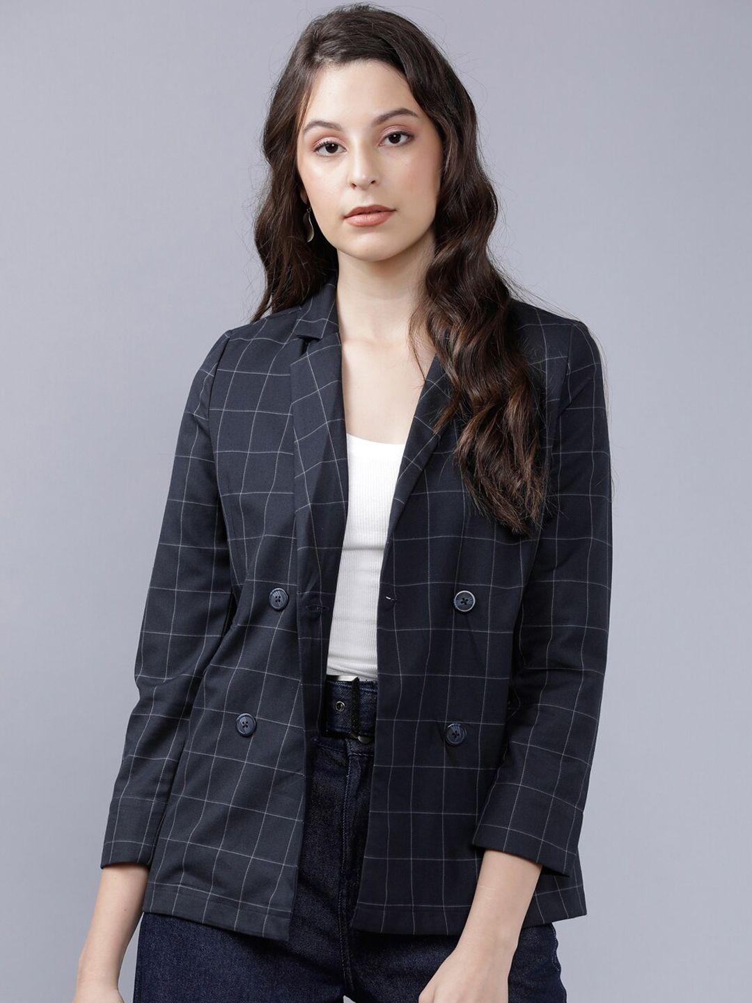 tokyo talkies women navy blue checked casual-fit double-breasted casual blazer