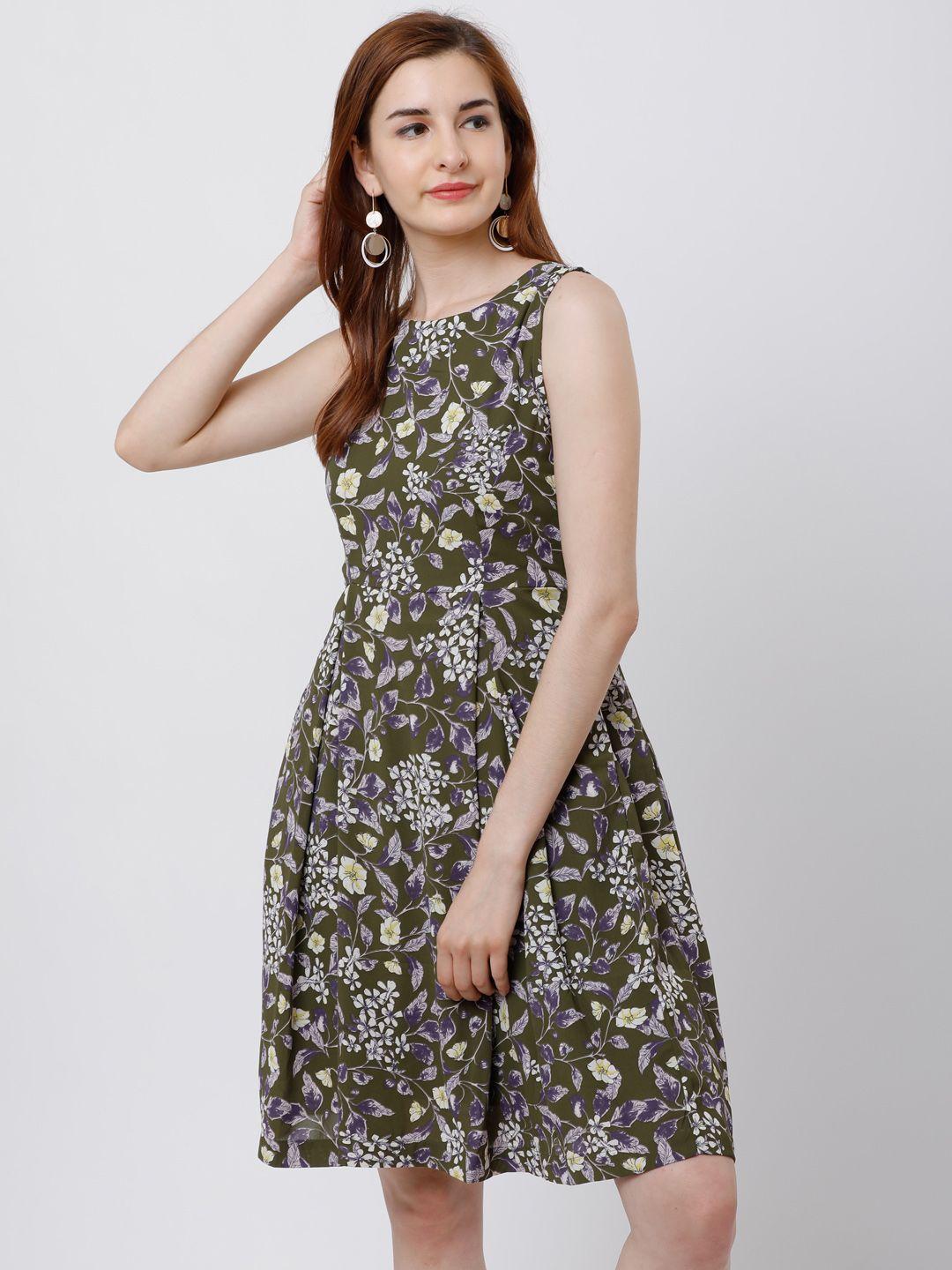 tokyo talkies women olive green printed fit and flare dress