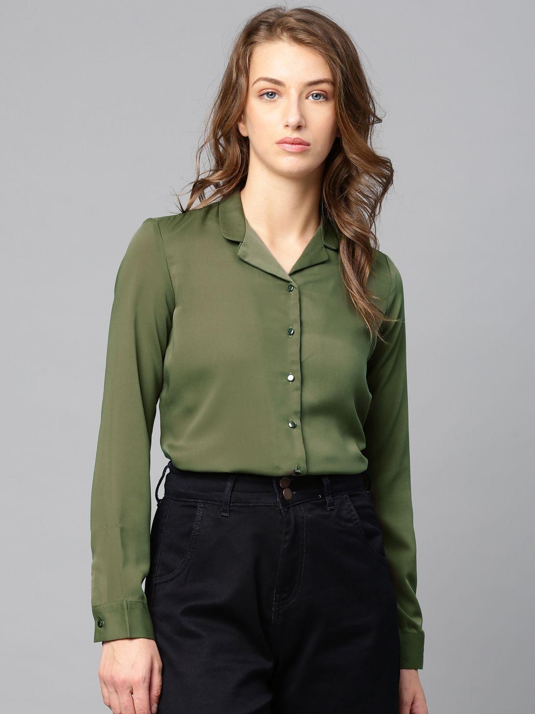 tokyo talkies women olive green regular fit solid casual shirt