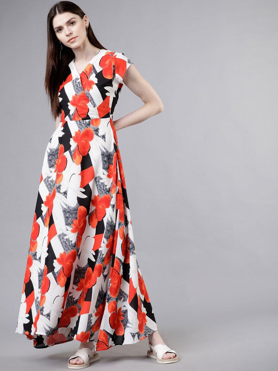 tokyo talkies women orange & off-white printed maxi dress