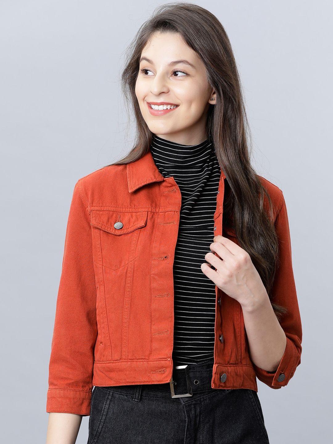 tokyo talkies women orange solid crop denim jacket