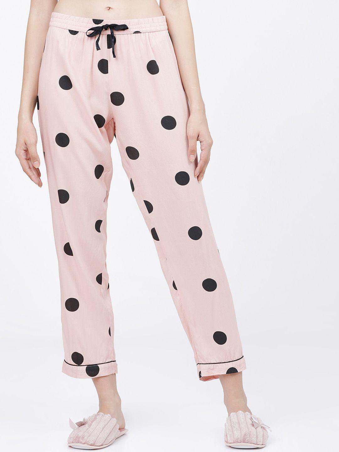 tokyo talkies women pink & black polka dot printed lounge pants