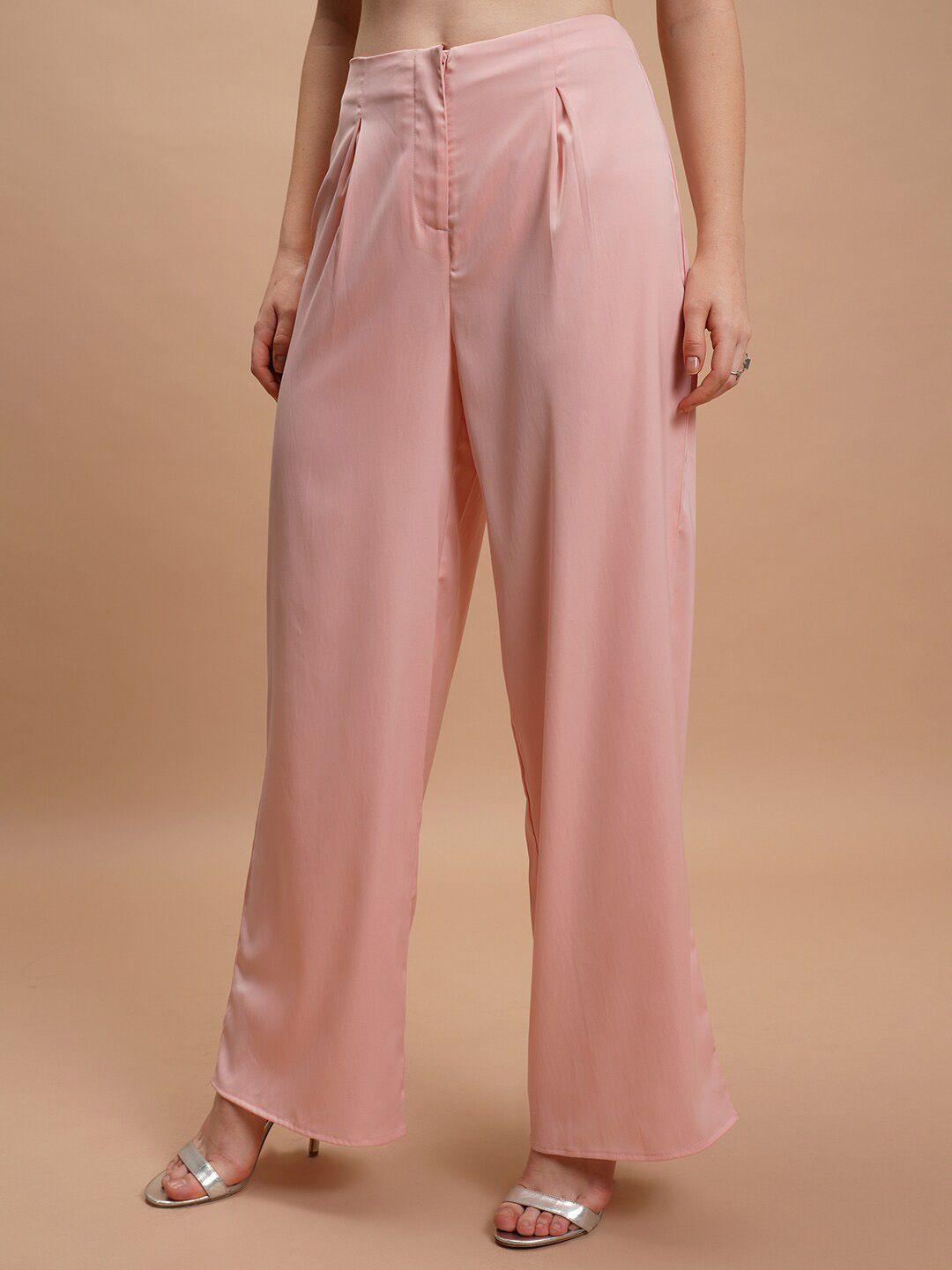 tokyo talkies women pink flared low-rise trousers