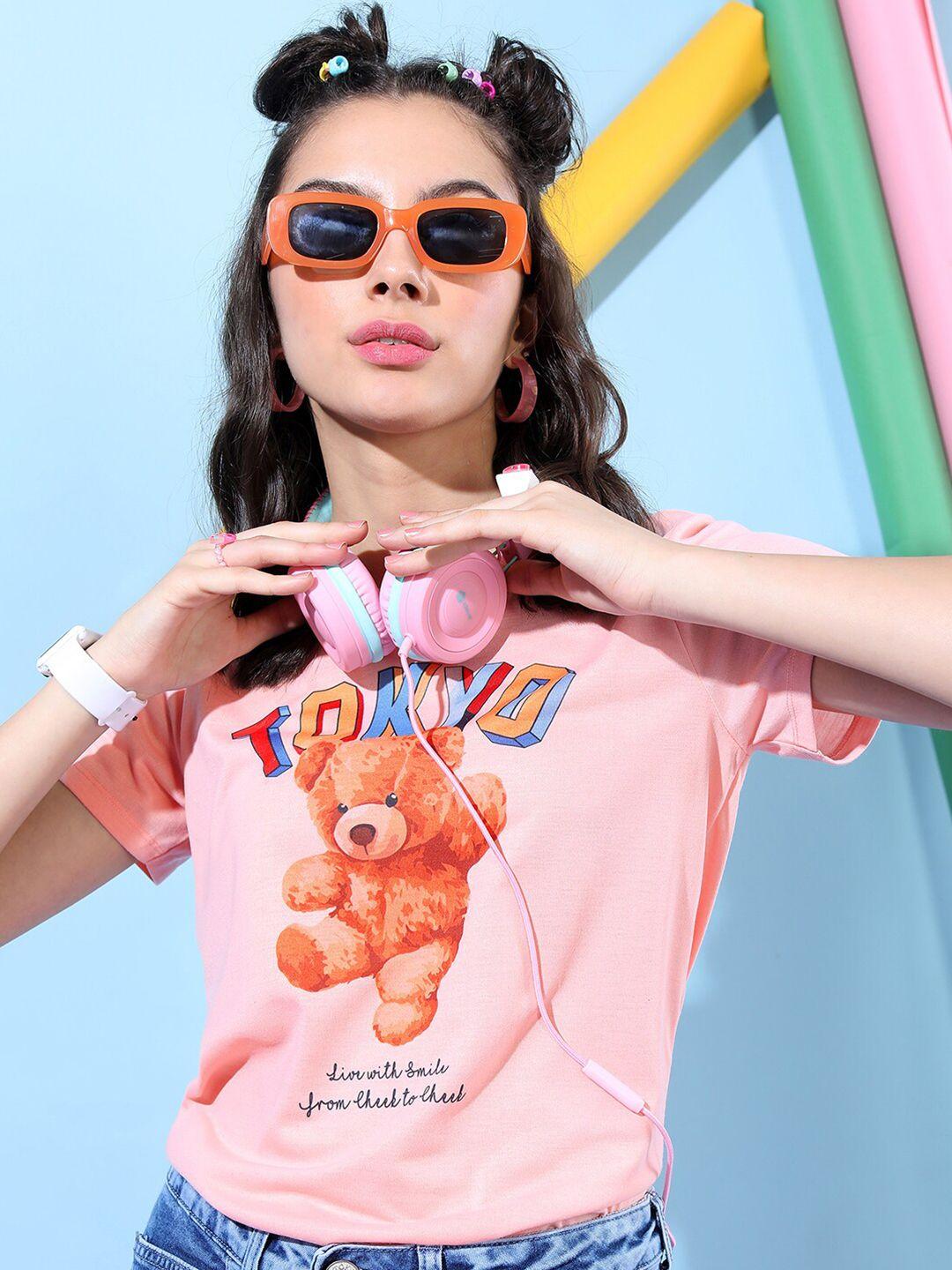 tokyo talkies women pink printed slim fit t-shirt