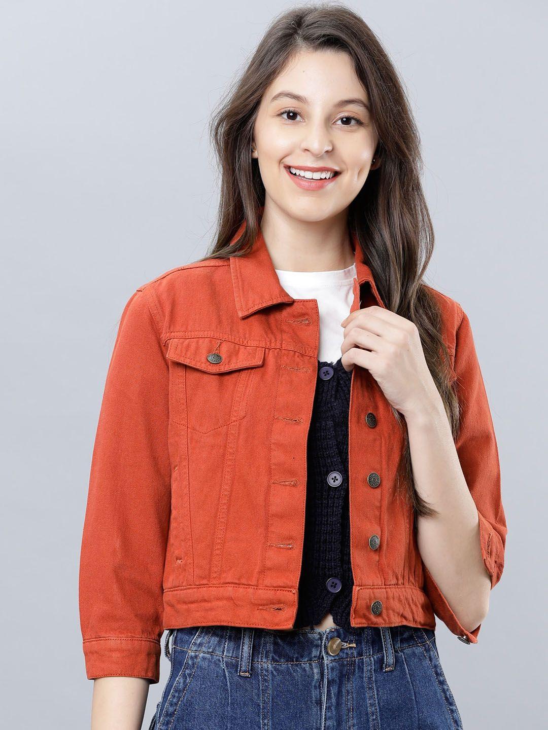 tokyo talkies women rust orange solid crop denim jacket