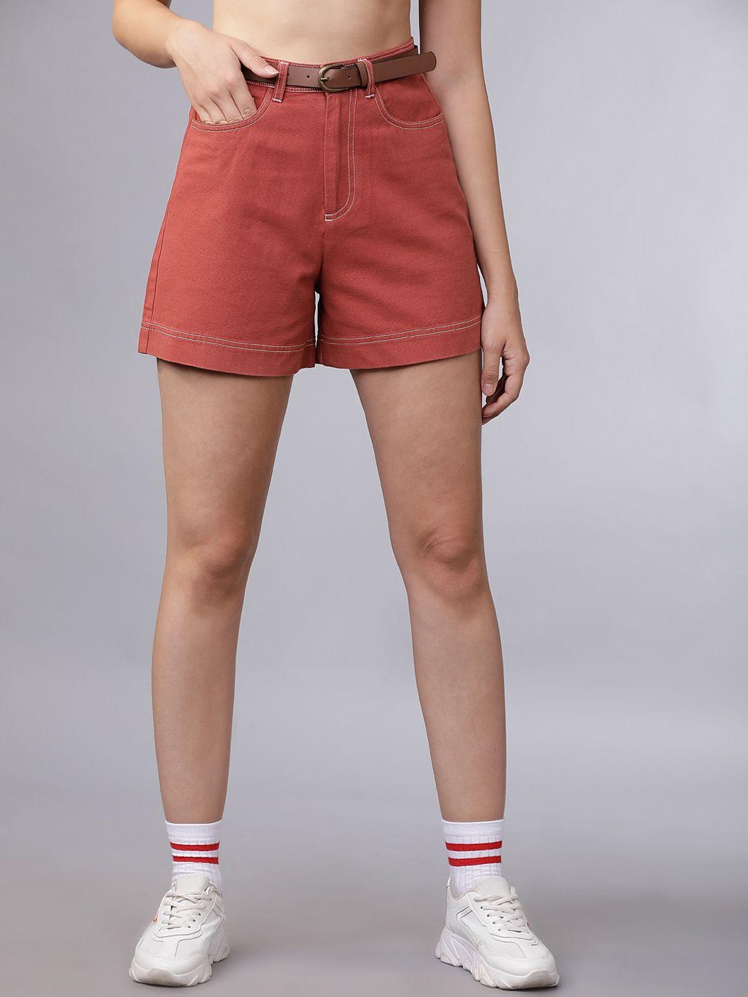 tokyo talkies women rust red solid slim fit regular shorts