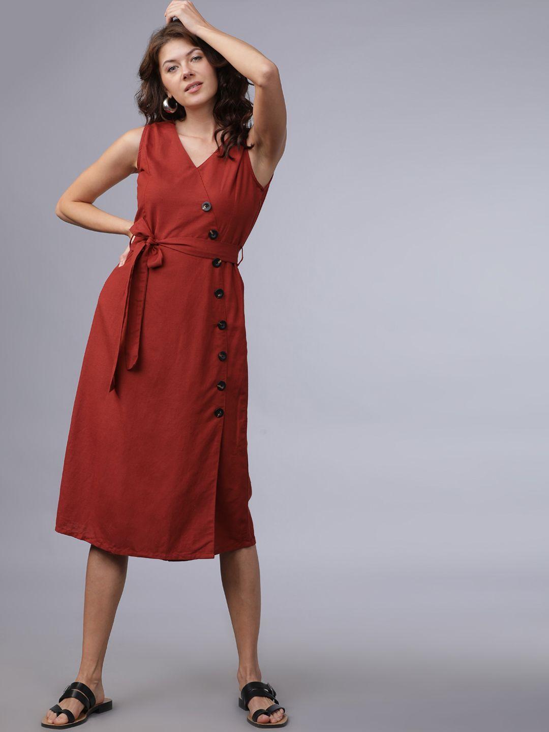 tokyo talkies women rust red solid wrap dress