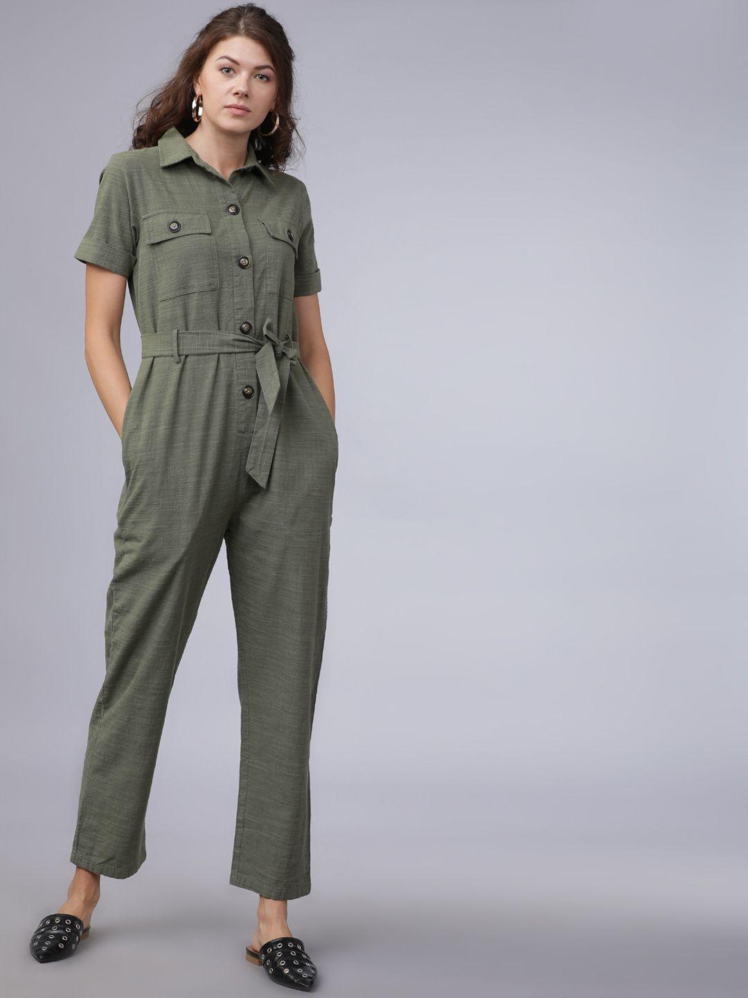 tokyo talkies women sage green solid basic jumpsuit