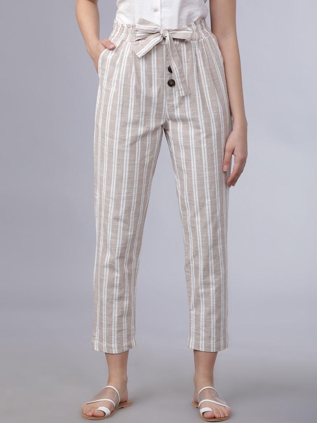 tokyo talkies women taupe & white straight fit striped peg trousers