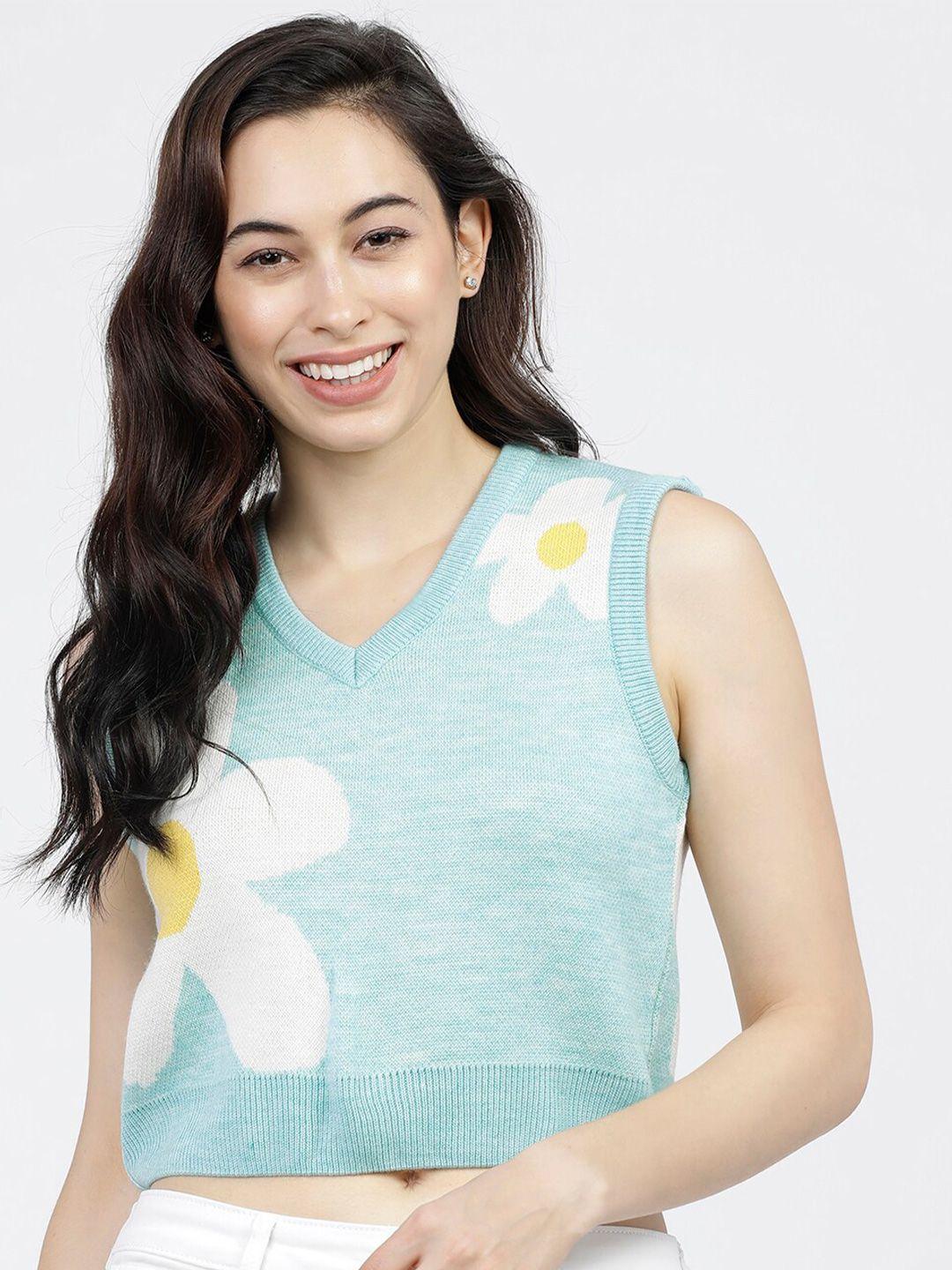 tokyo talkies women turquoise blue & white floral printed crop pullover