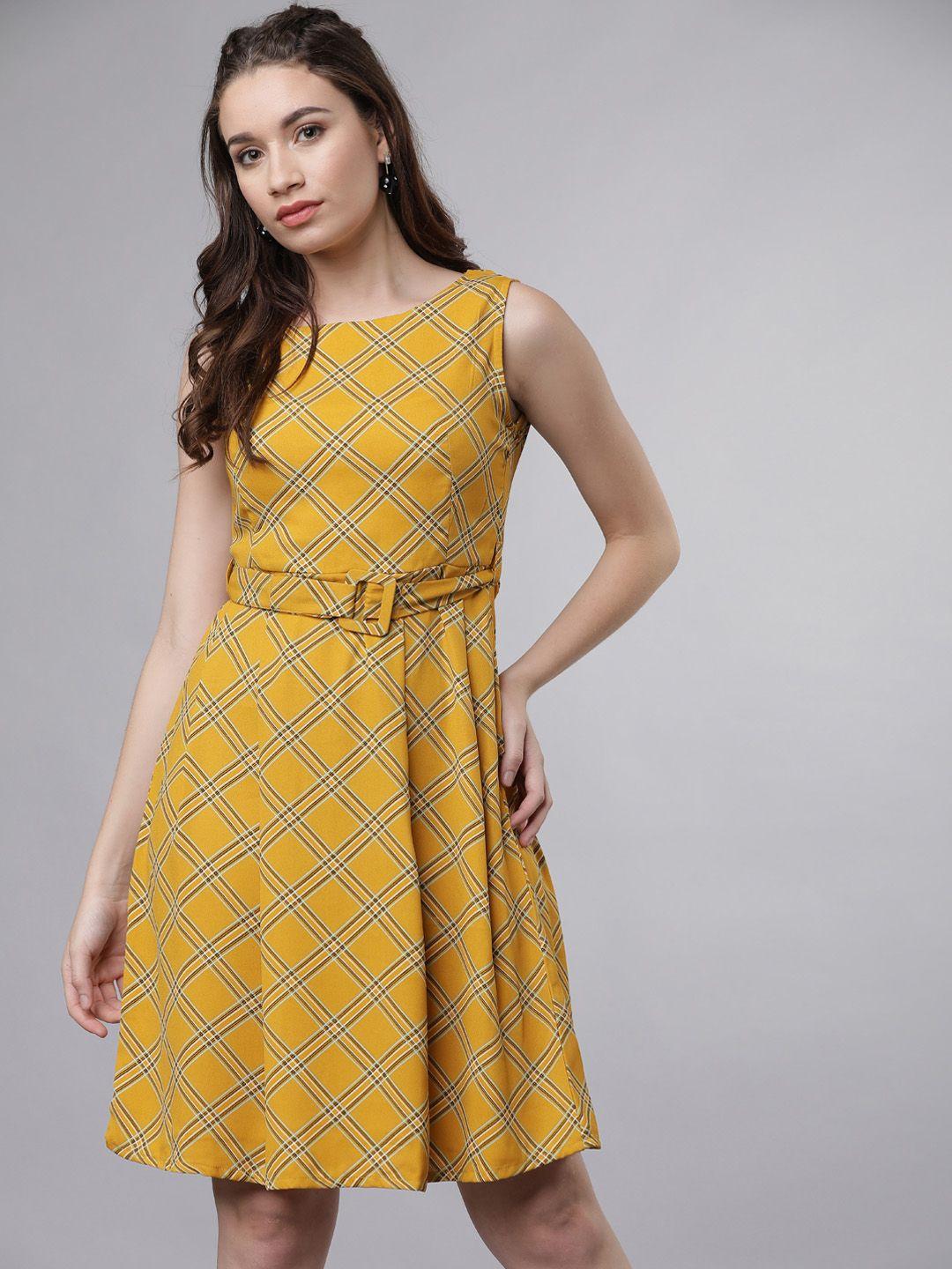 tokyo talkies women yellow checked fit and flare dress