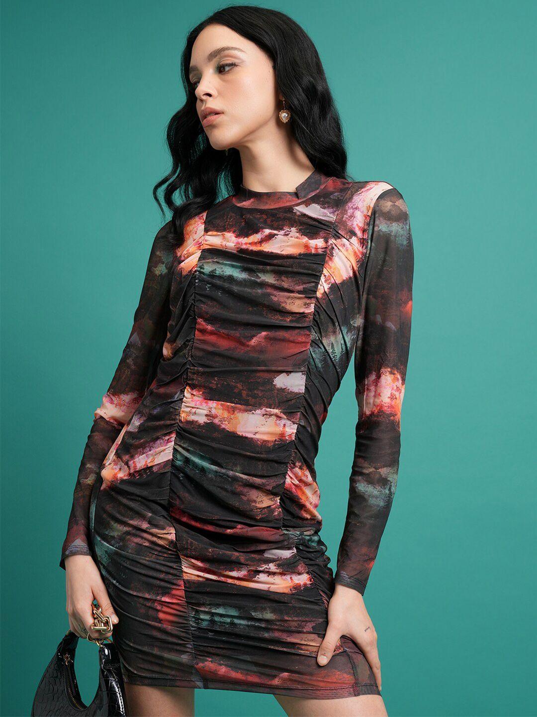 tokyo talkies abstract printed mock neck ruched mini bodycon dress