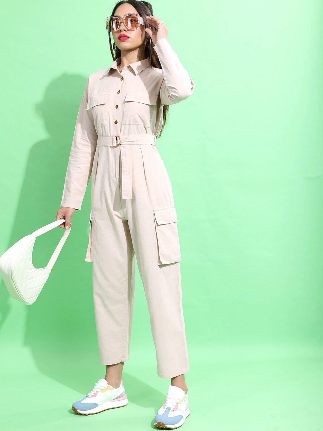 tokyo talkies beige shirt collar pocket detail waist tie-up pure cotton basic jumpsuit