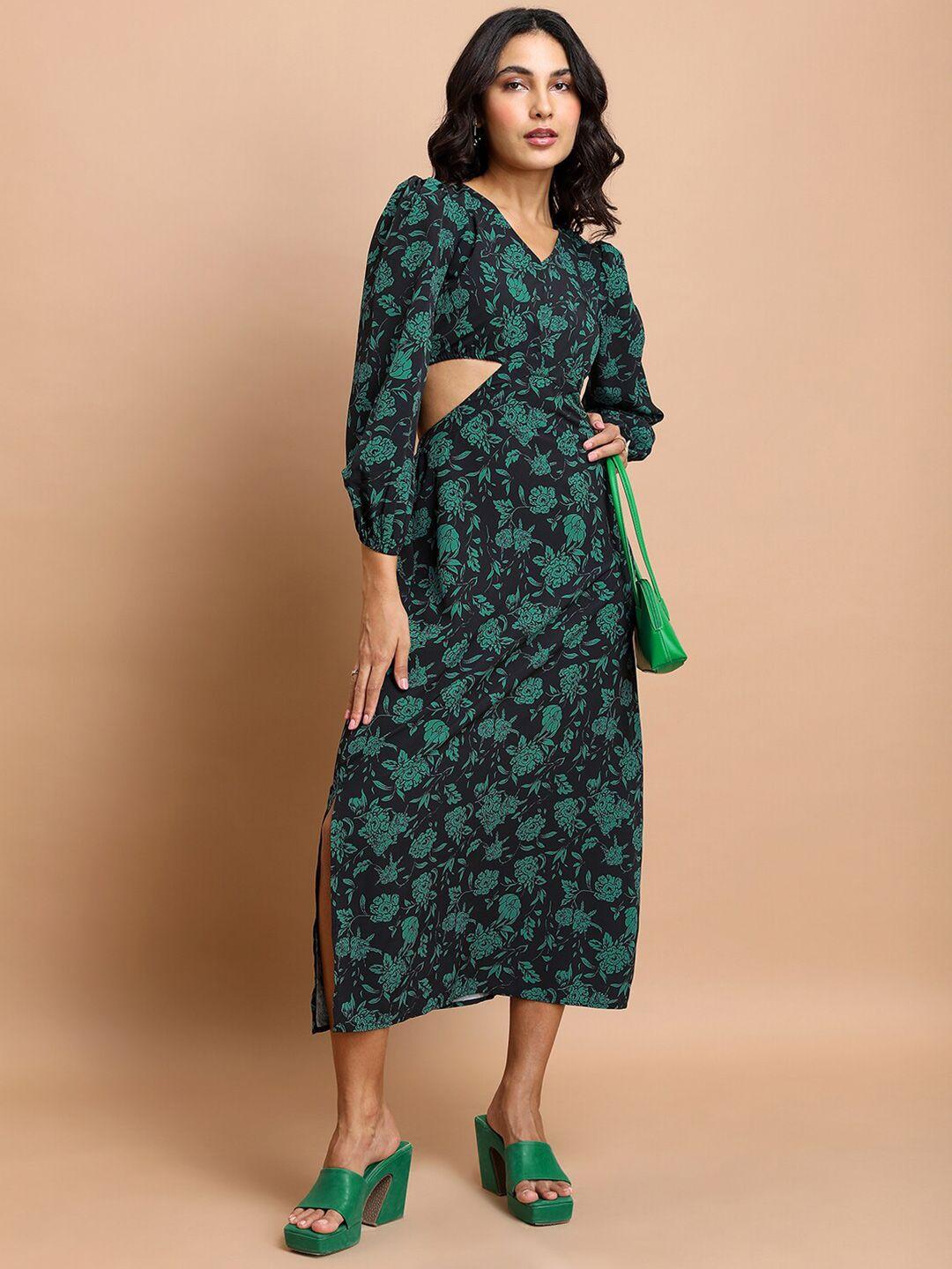tokyo talkies black & green floral printed cut-out detailed puff sleeves a-line dress