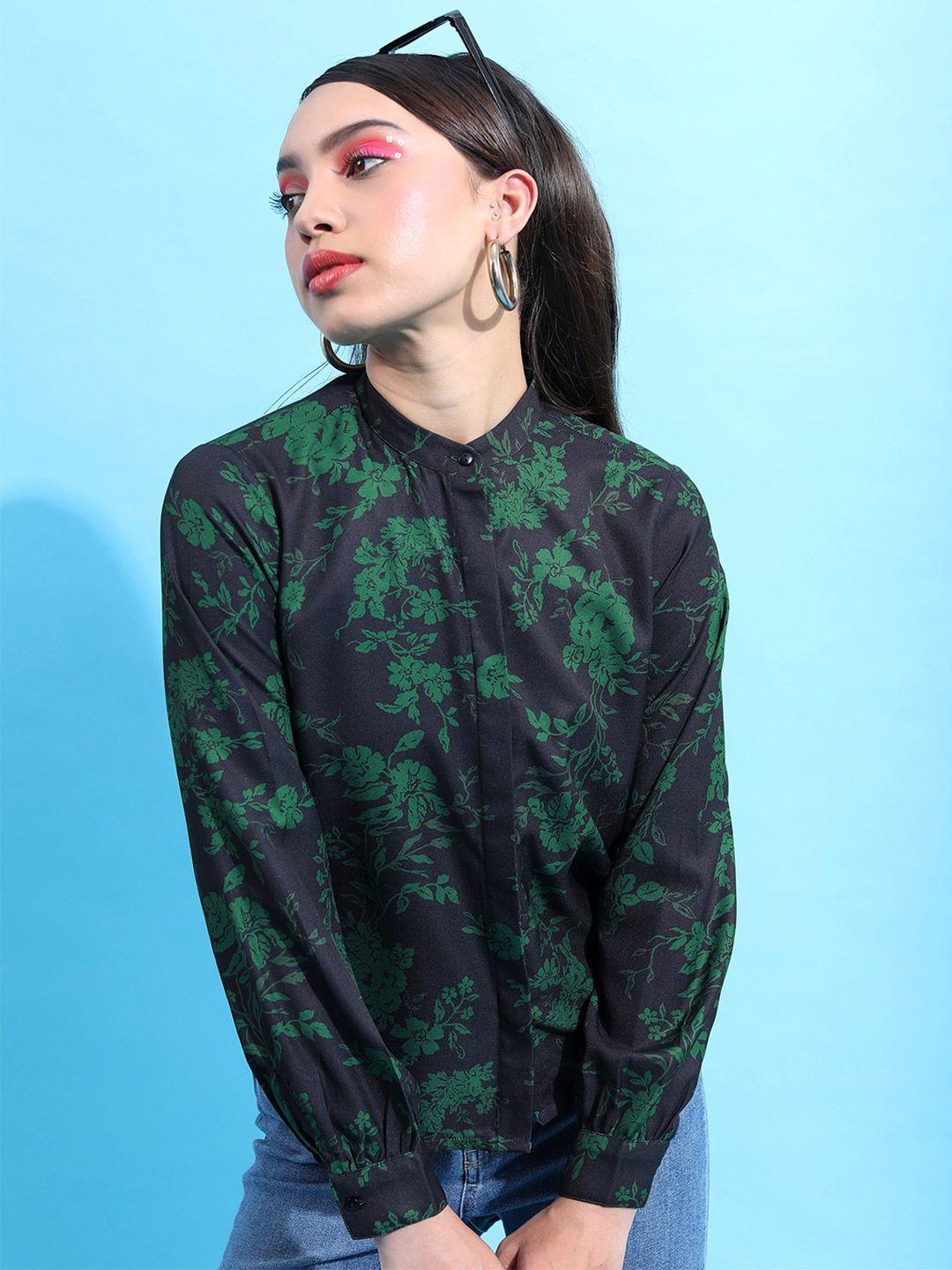 tokyo talkies black & green floral printed opaque casual shirt