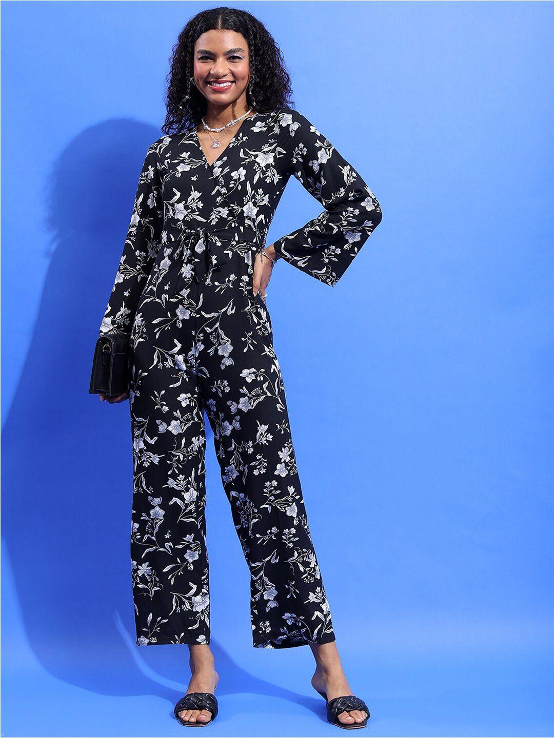 tokyo talkies black & white floral printed v-neck basic jumpsuit