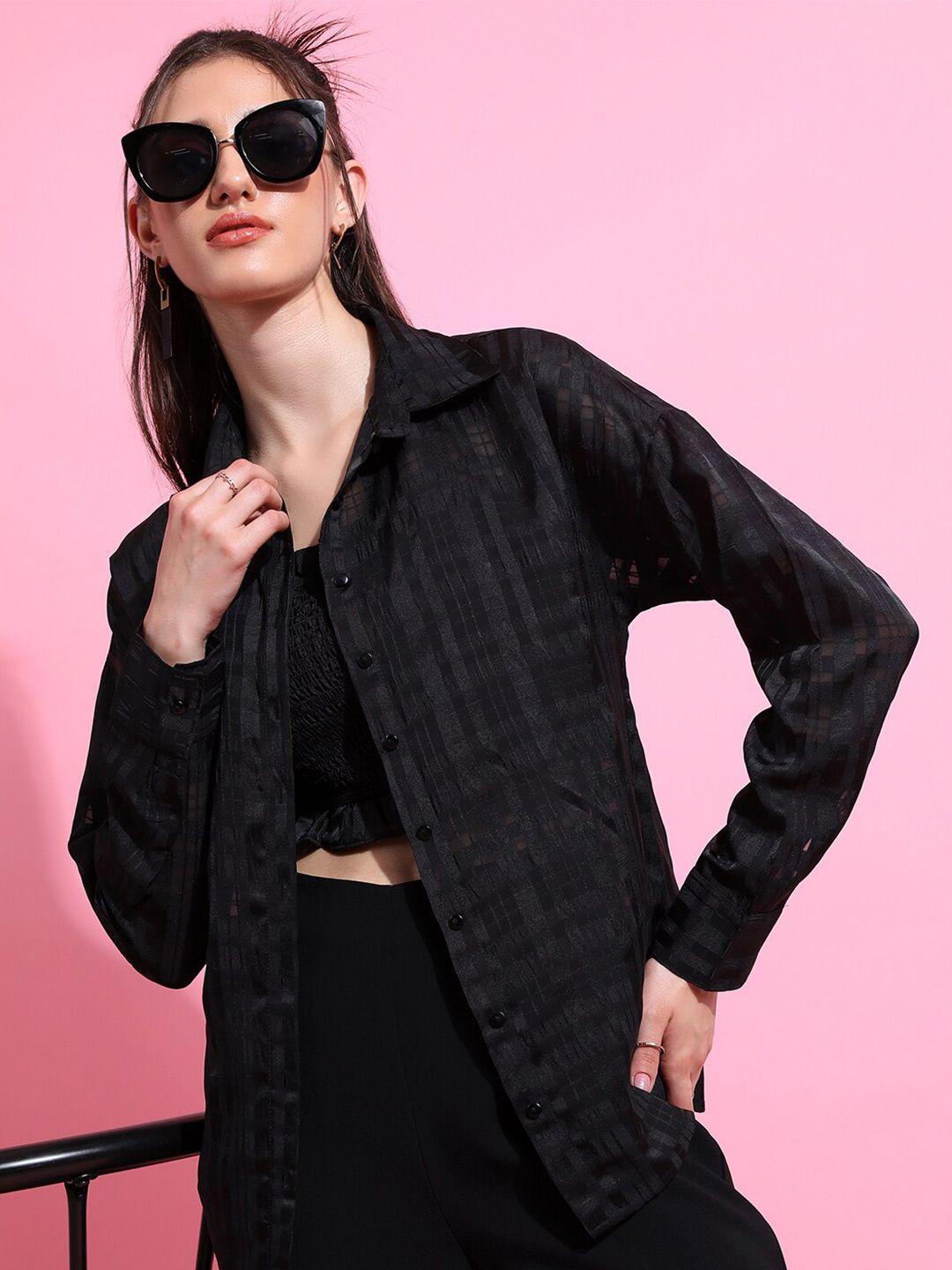 tokyo talkies black checked drop shoulder shirt style top