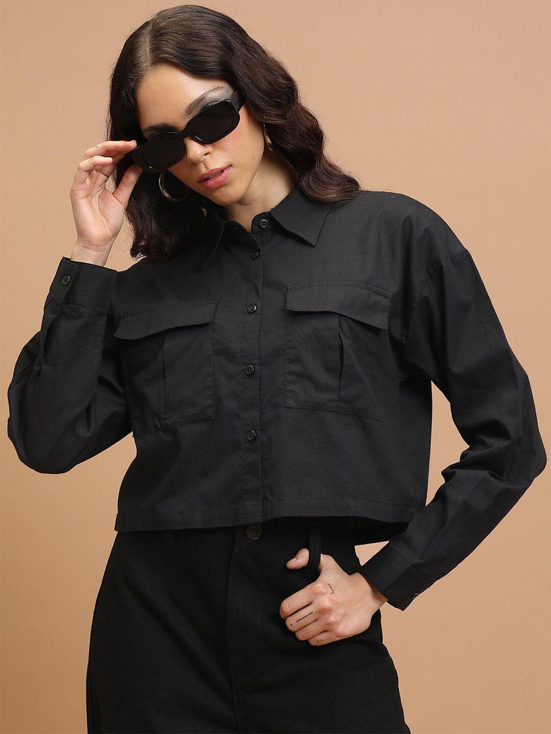 tokyo talkies black cotton crop casual shirt