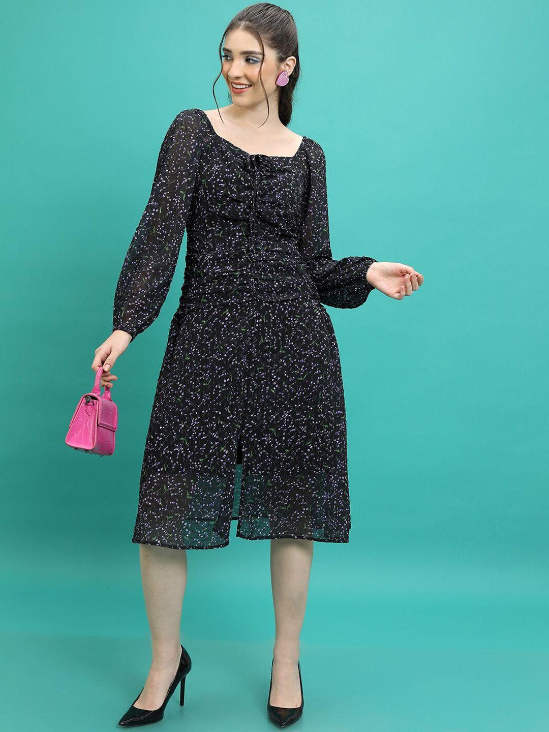 tokyo talkies black floral printed puff sleeves ruched a-line midi dress