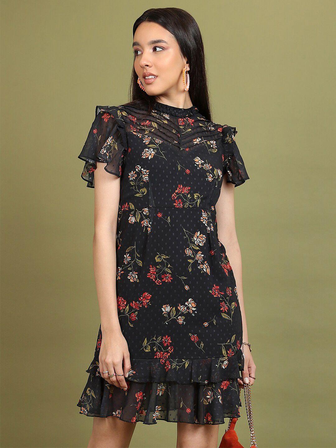 tokyo talkies black floral printed ruffled a-line dress