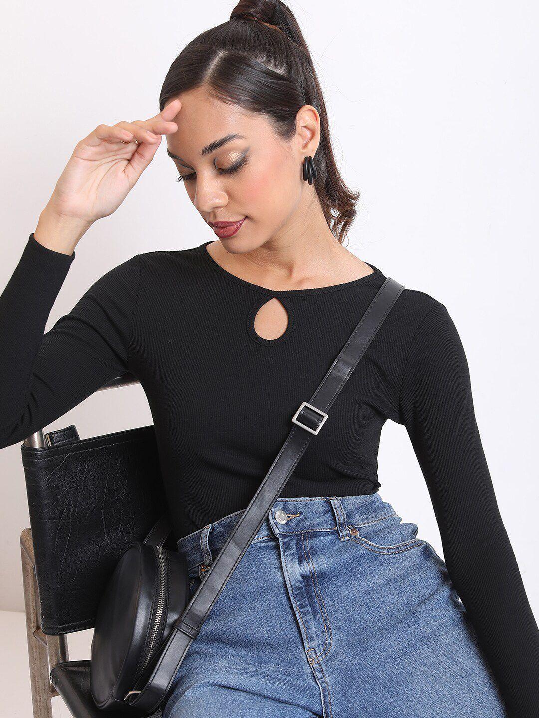 tokyo talkies black keyhole neck fitted top