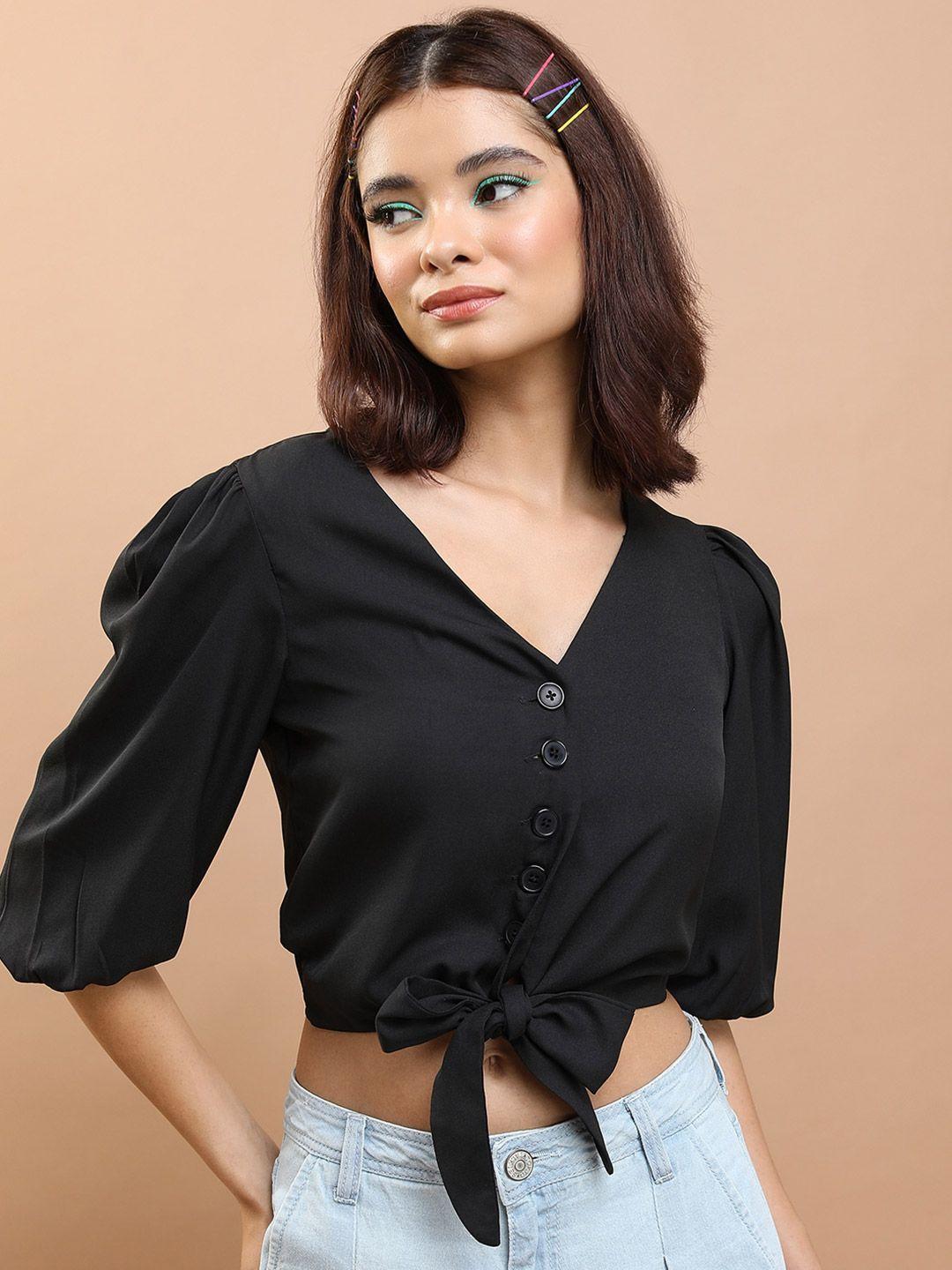 tokyo talkies black puff sleeve tie ups shirt style crop top