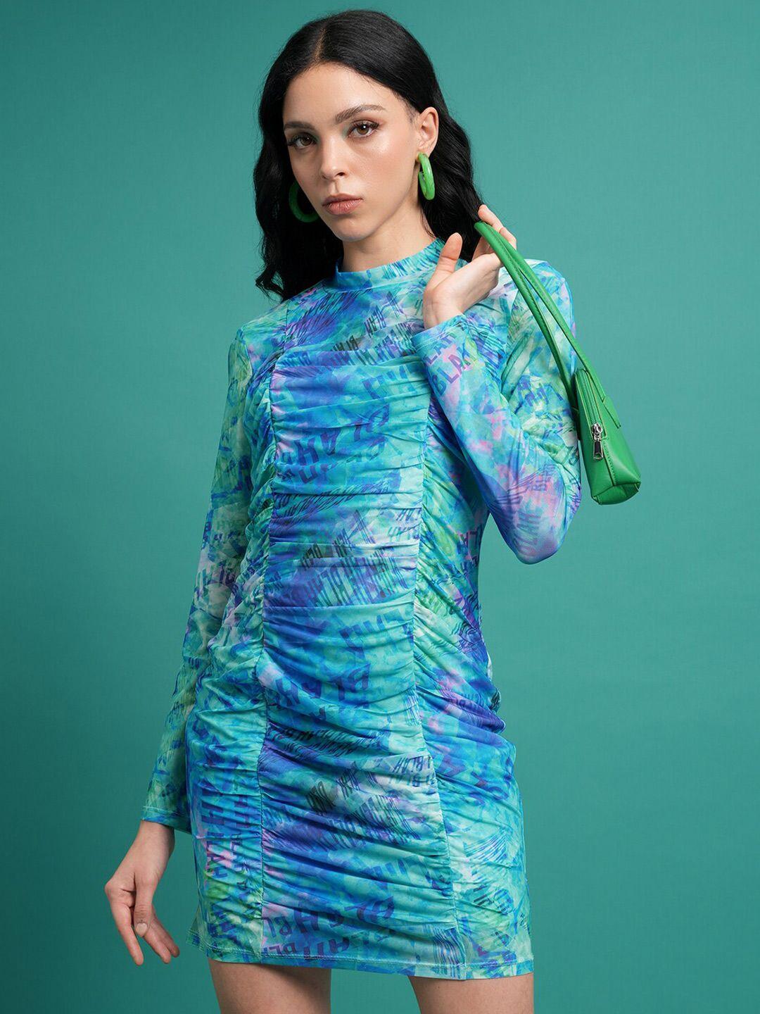 tokyo talkies blue & green graphic printed ruched bodycon mini dress