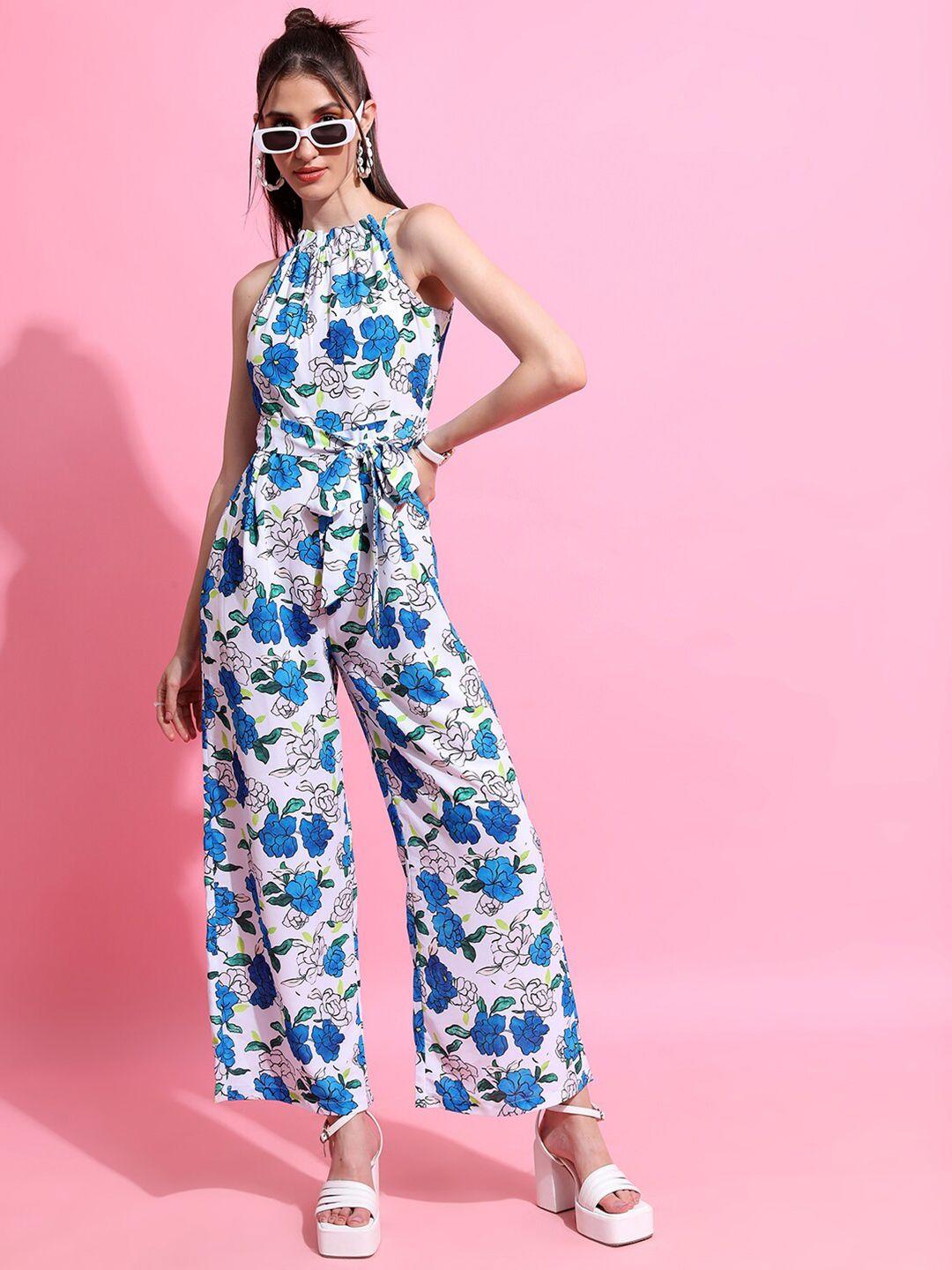 tokyo talkies blue & white floral printed halter neck waist tie ups basic jumpsuit