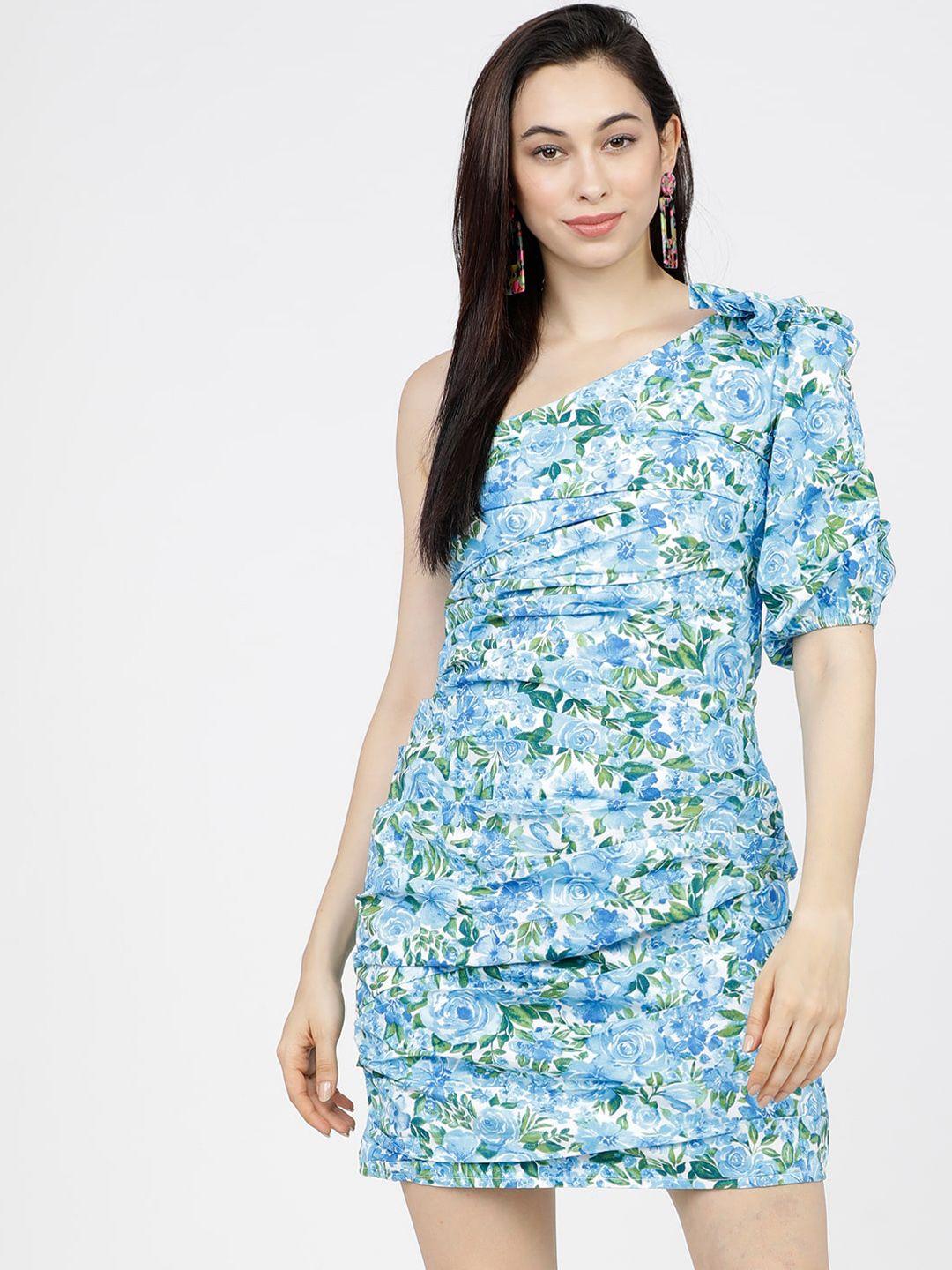 tokyo talkies blue floral one shoulder sheath dress