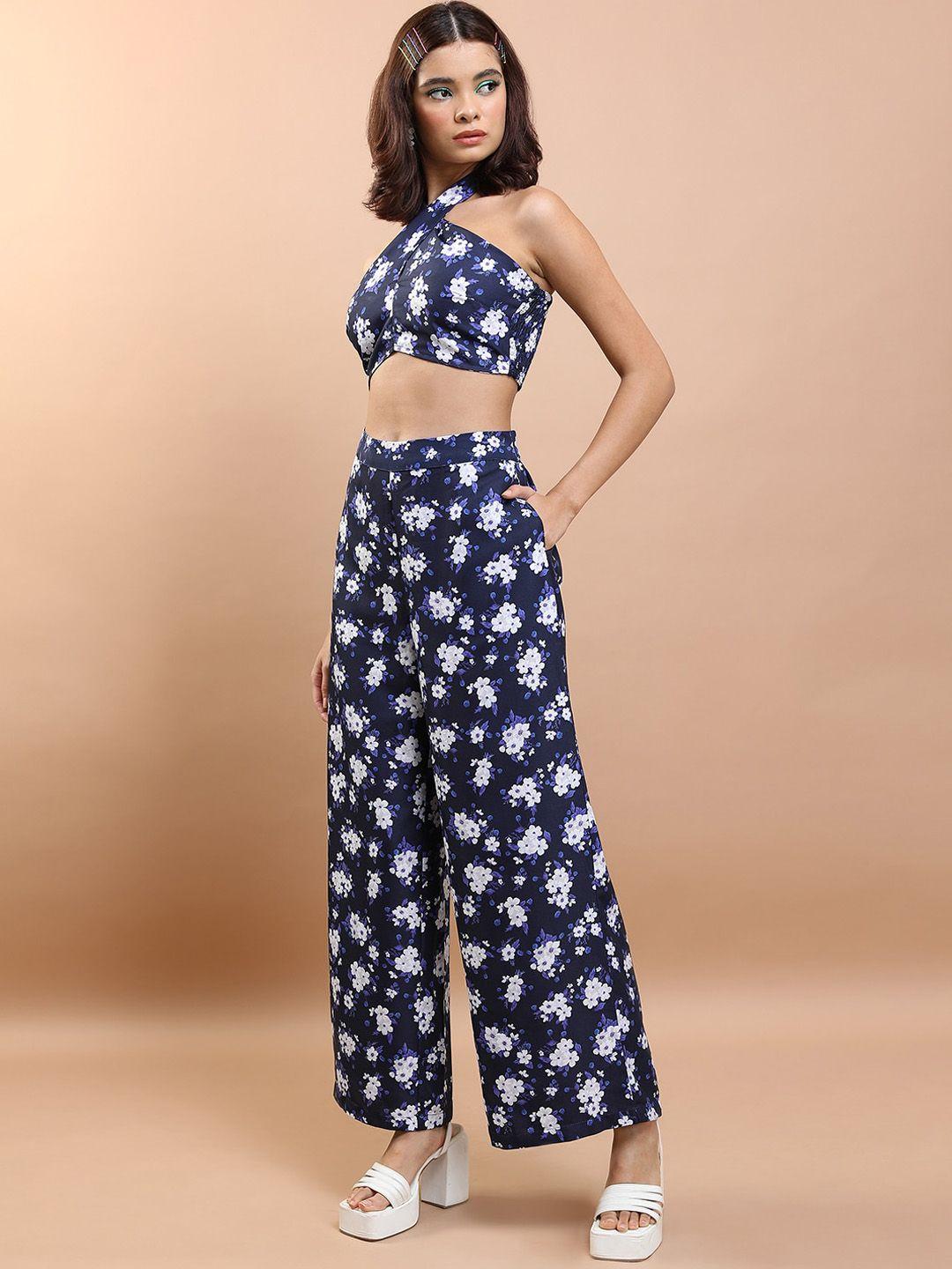 tokyo talkies blue floral printed hater neck crop top with trouser