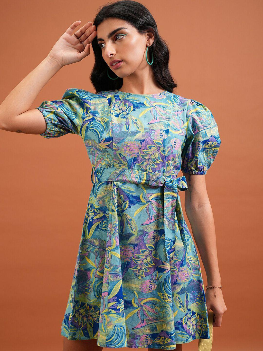 tokyo talkies blue floral printed puff sleeve belted cotton a-line dress