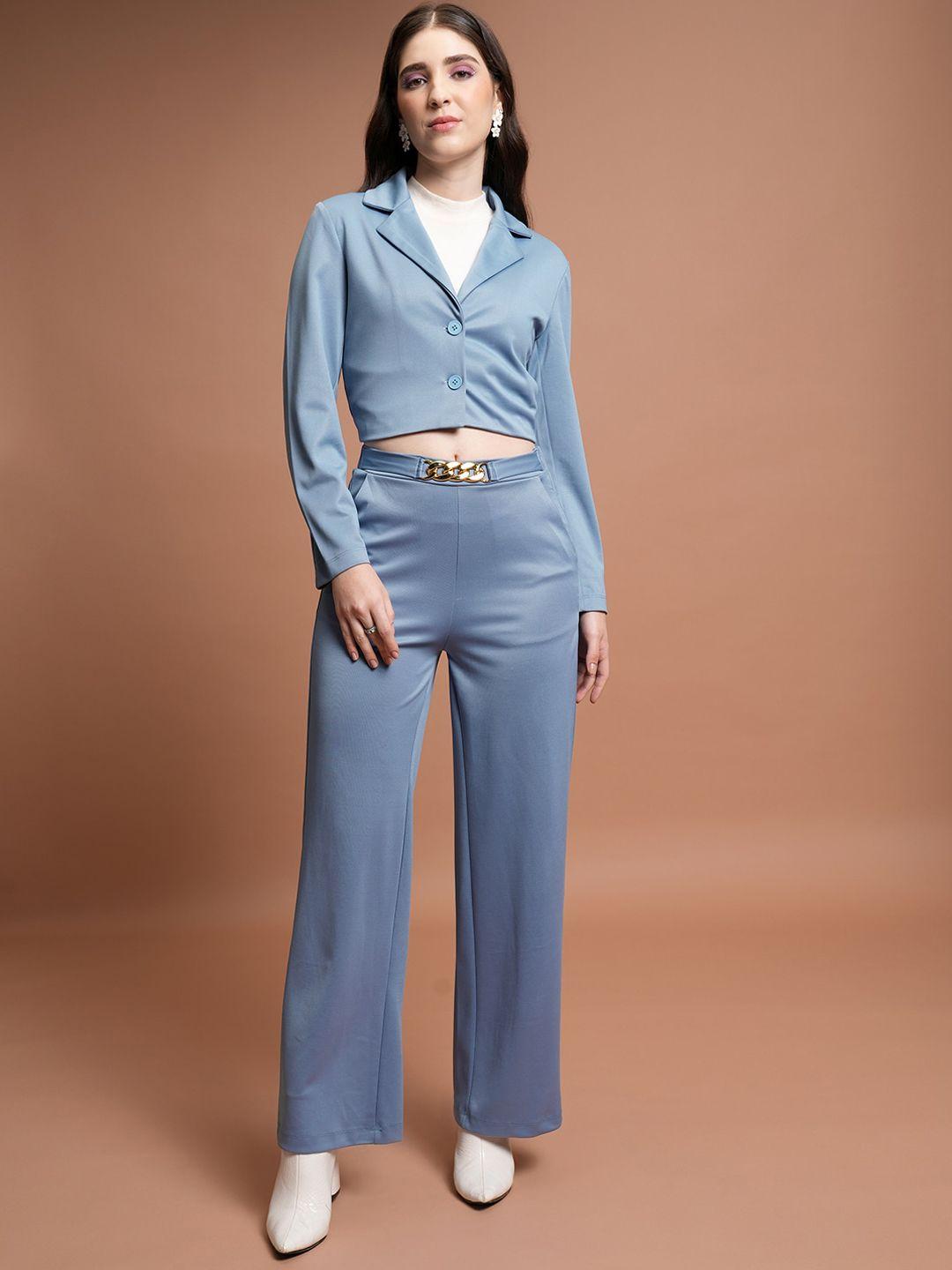 tokyo talkies blue notched lapel crop blazer with trousers co-ords