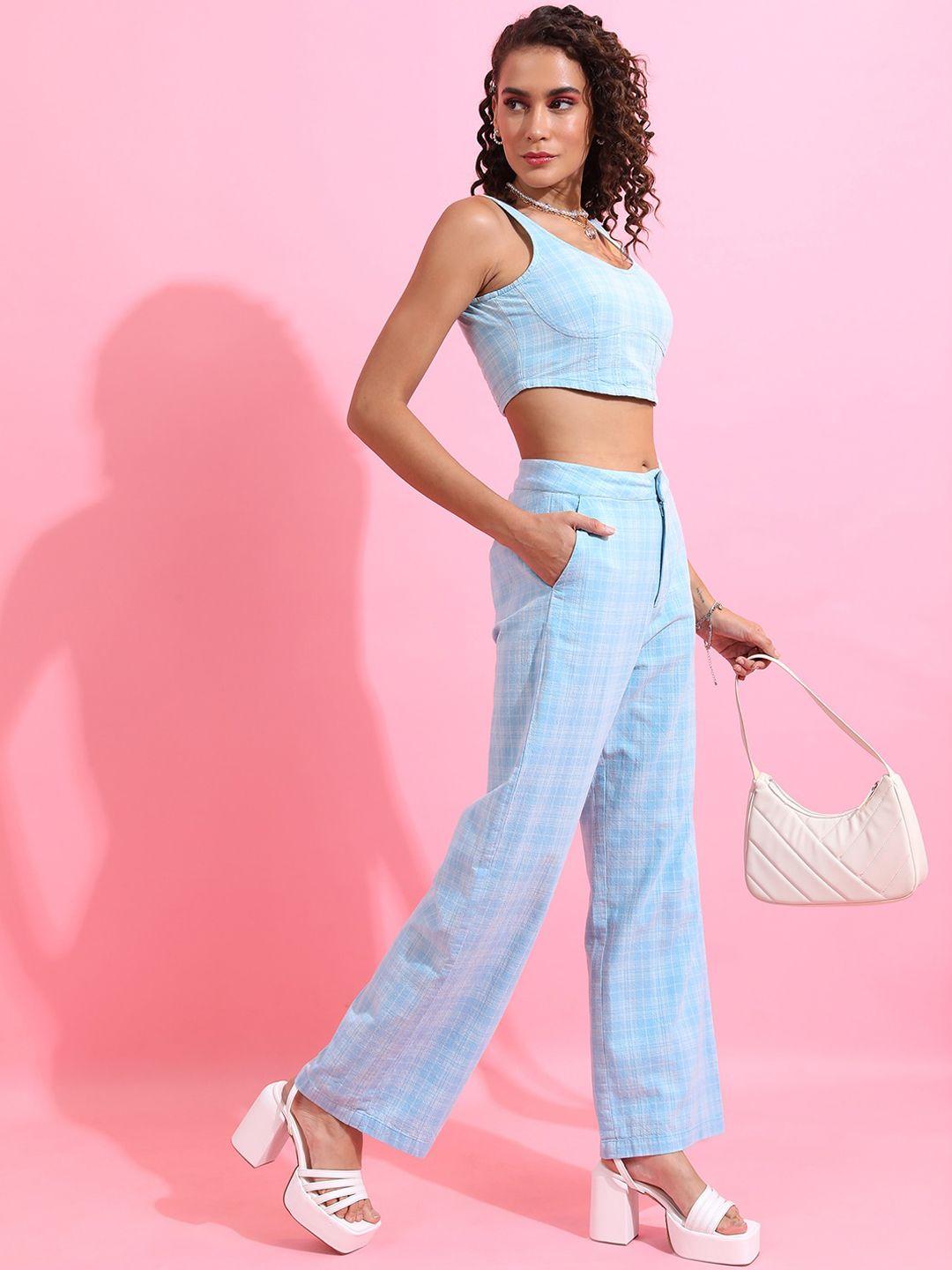 tokyo talkies blue pure cotton checked crop top with trousers