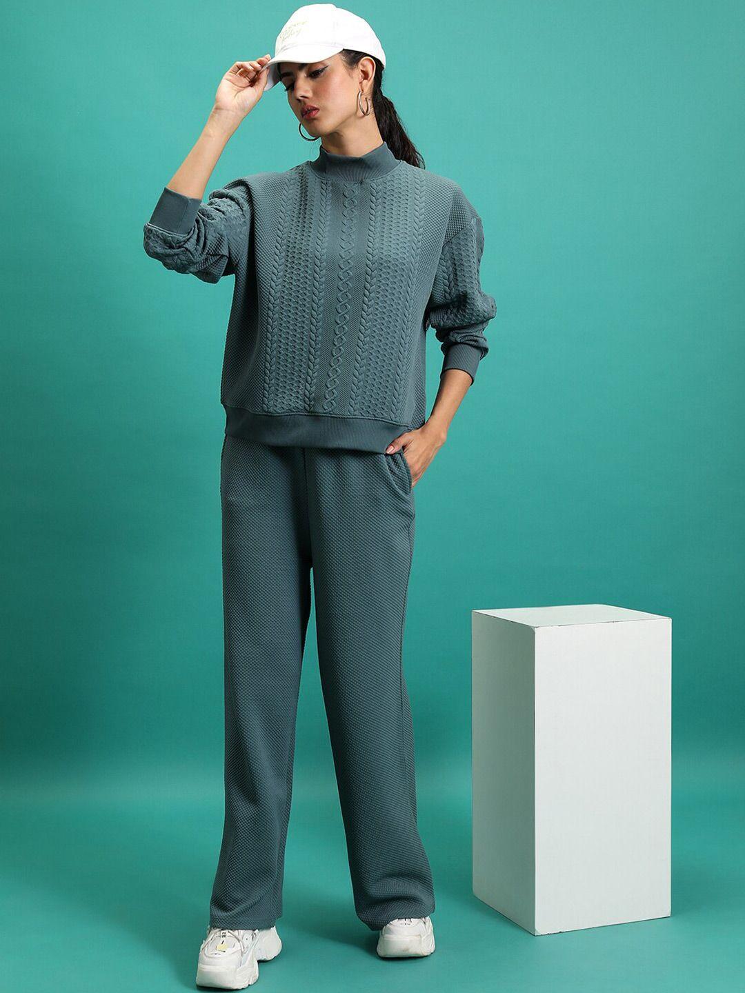 tokyo talkies blue self design cable-knit relaxed-fit sweatshirt & track pants