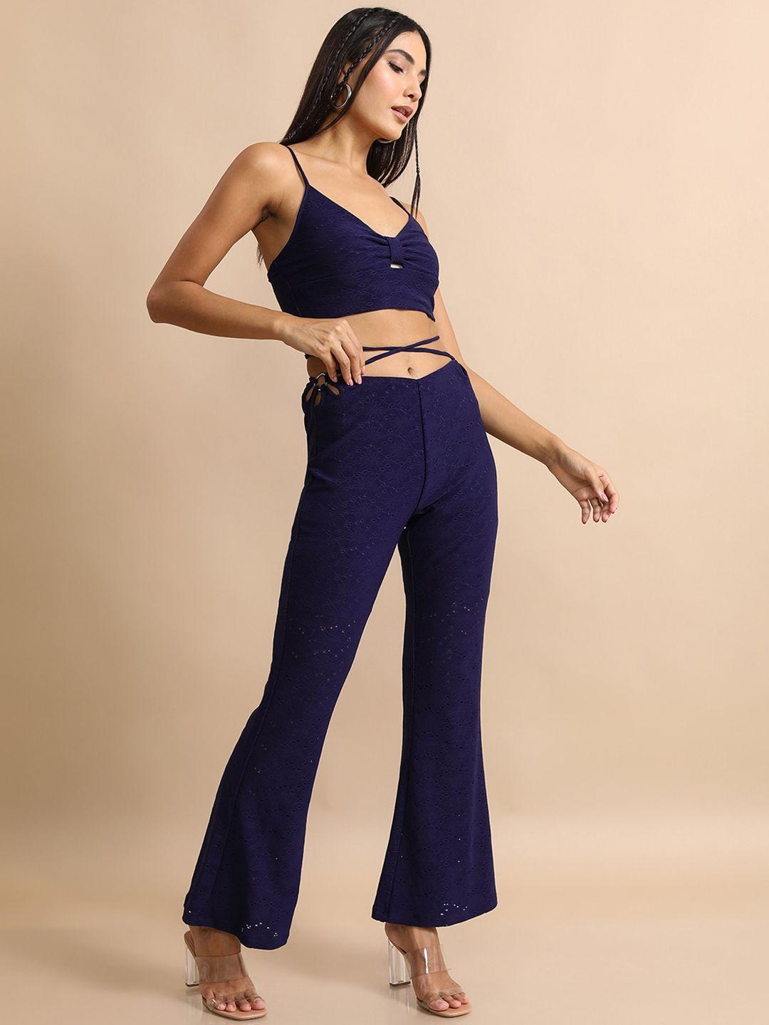 tokyo talkies blue shoulder straps tie up crop top with trouser