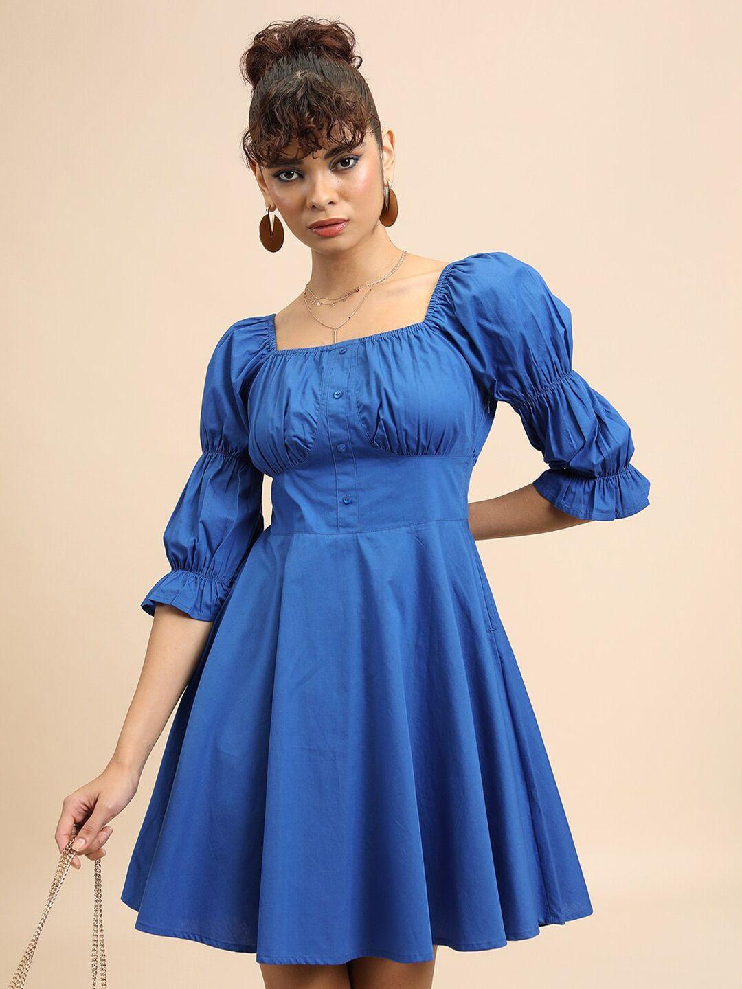 tokyo talkies blue square neck puff sleeves gathered detailed cotton fit & flare dress