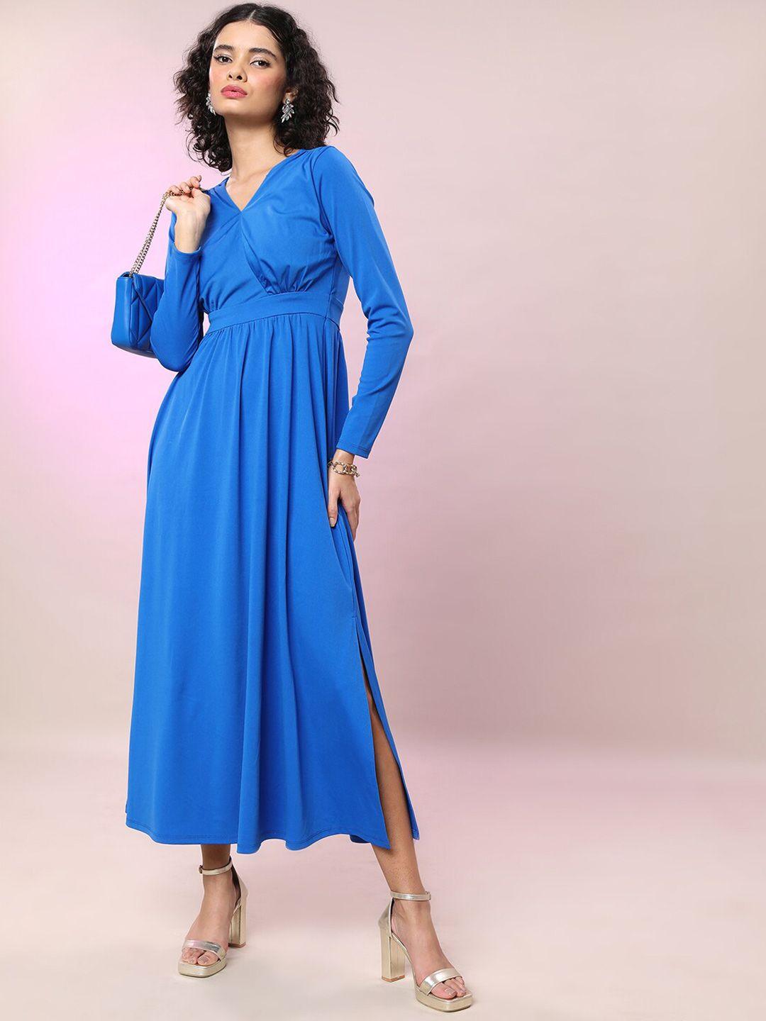 tokyo talkies blue v-neck gathered detailed fit & flare midi dress