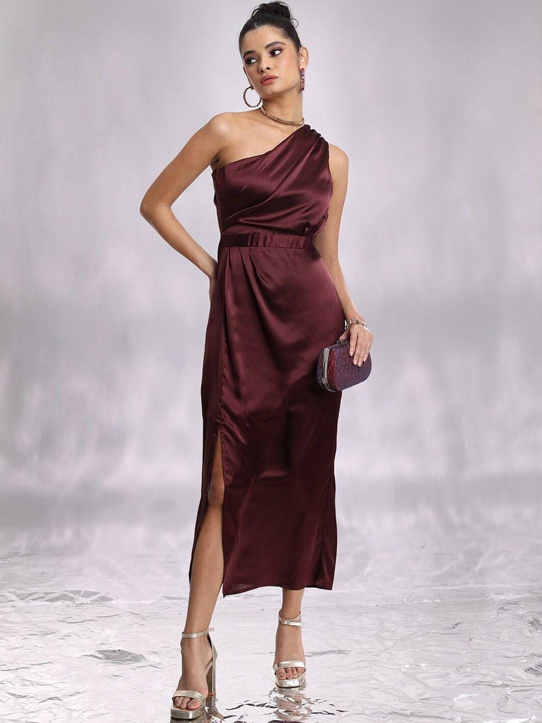 tokyo talkies brown one shoulder satin sheath dress