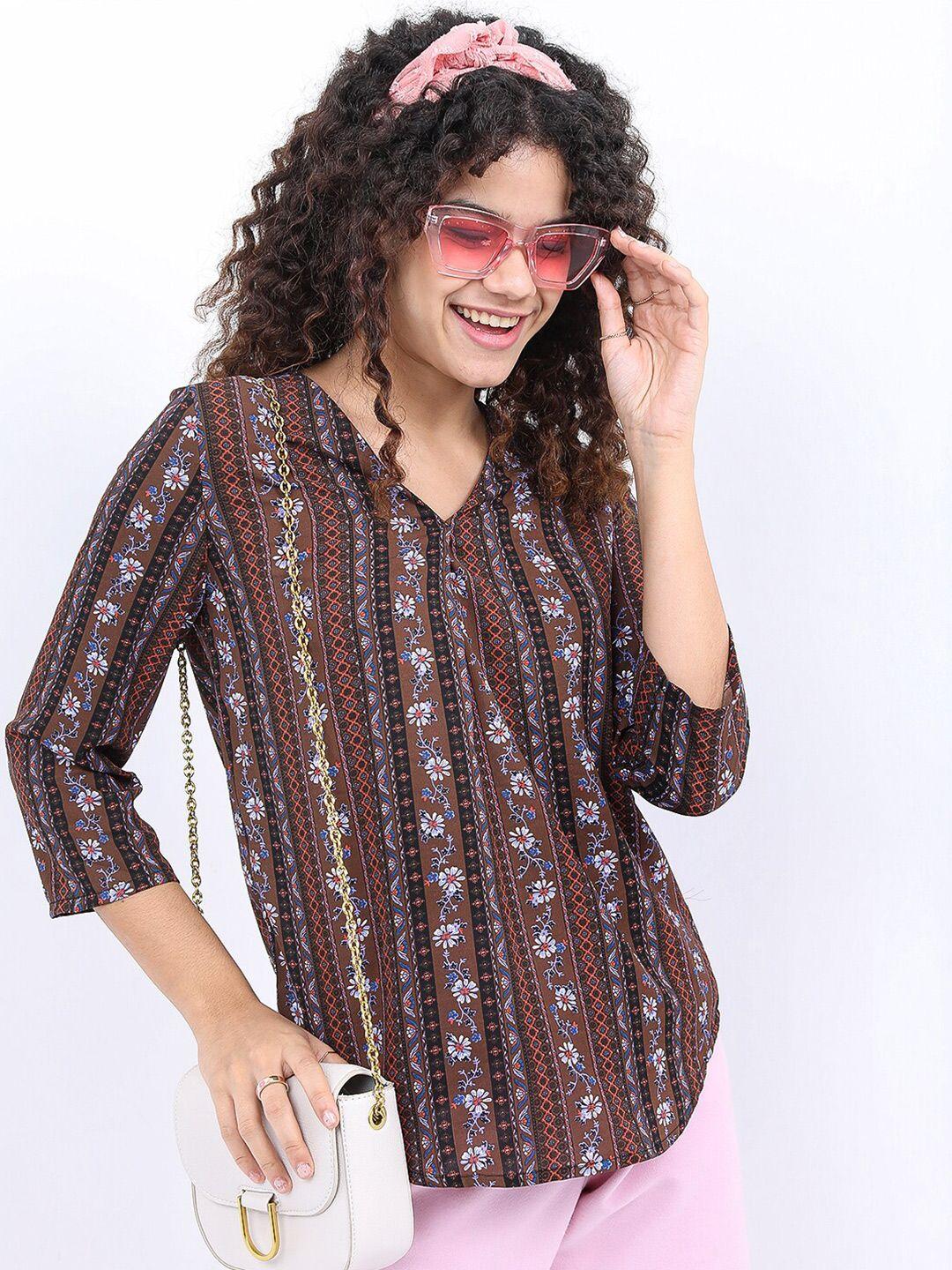 tokyo talkies brown printed shirt style top