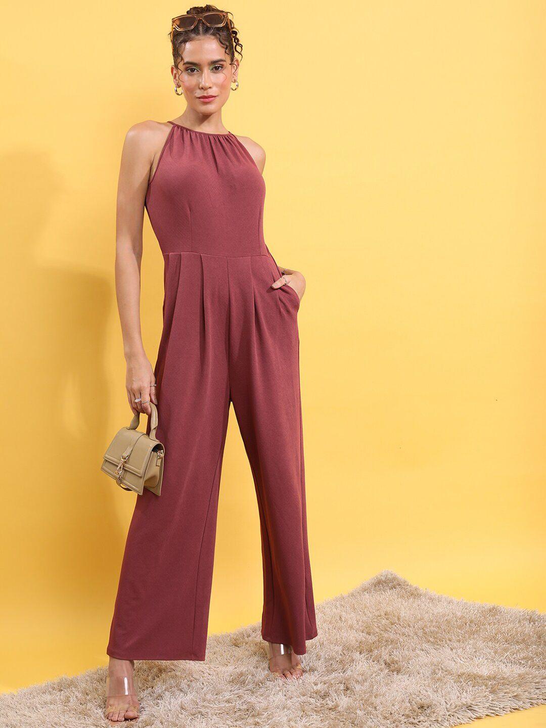 tokyo talkies brown round neck sleeveless basic jumpsuit