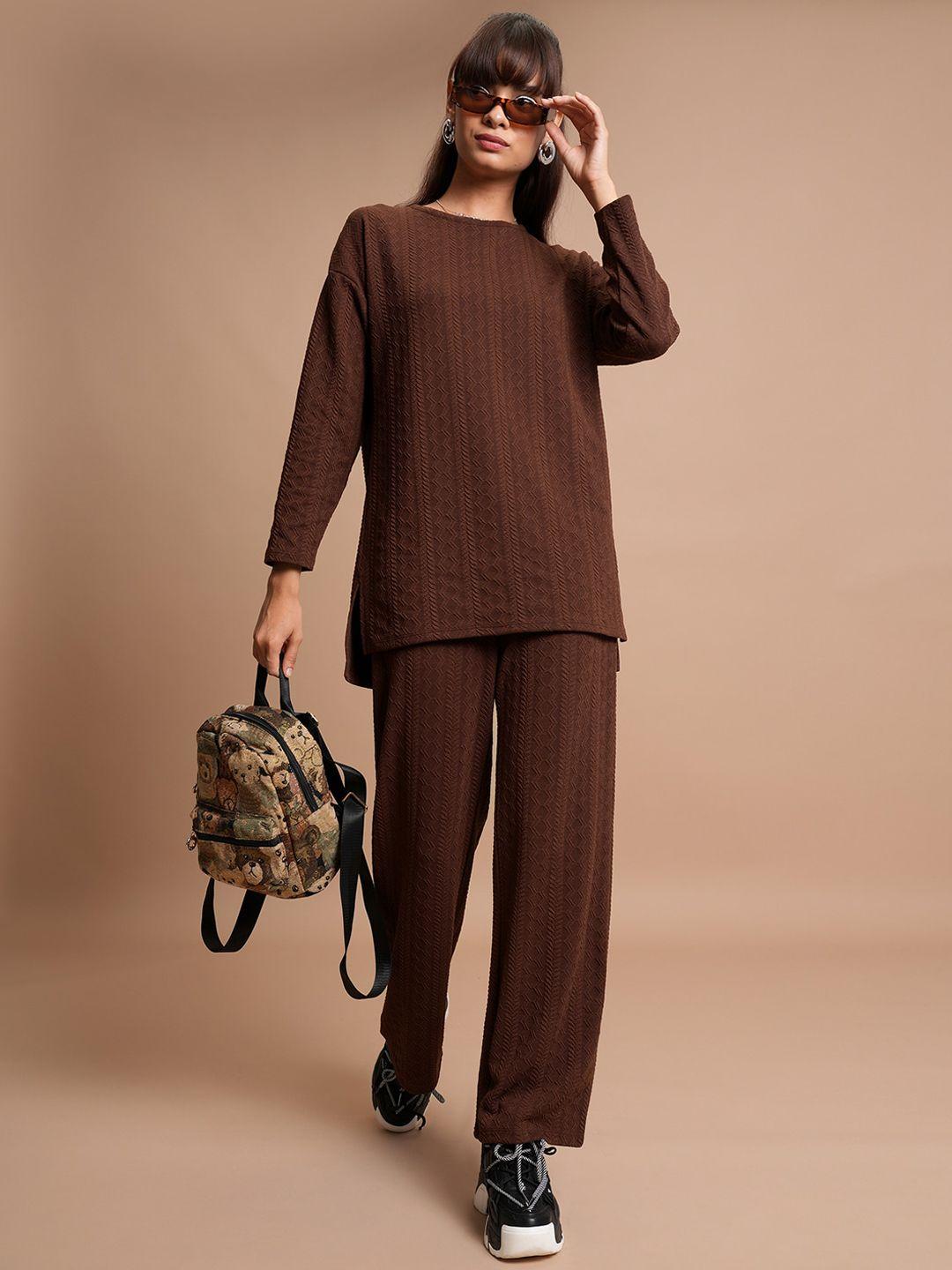 tokyo talkies brown self designed relaxed sweater with trousers