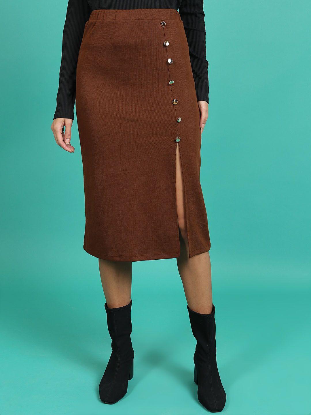 tokyo talkies brown straight knee length skirts