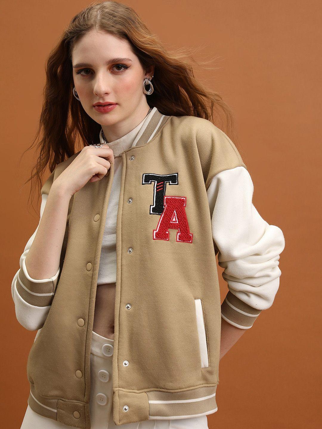 tokyo talkies brown typography embroidered mock collar relaxed varsity jacket